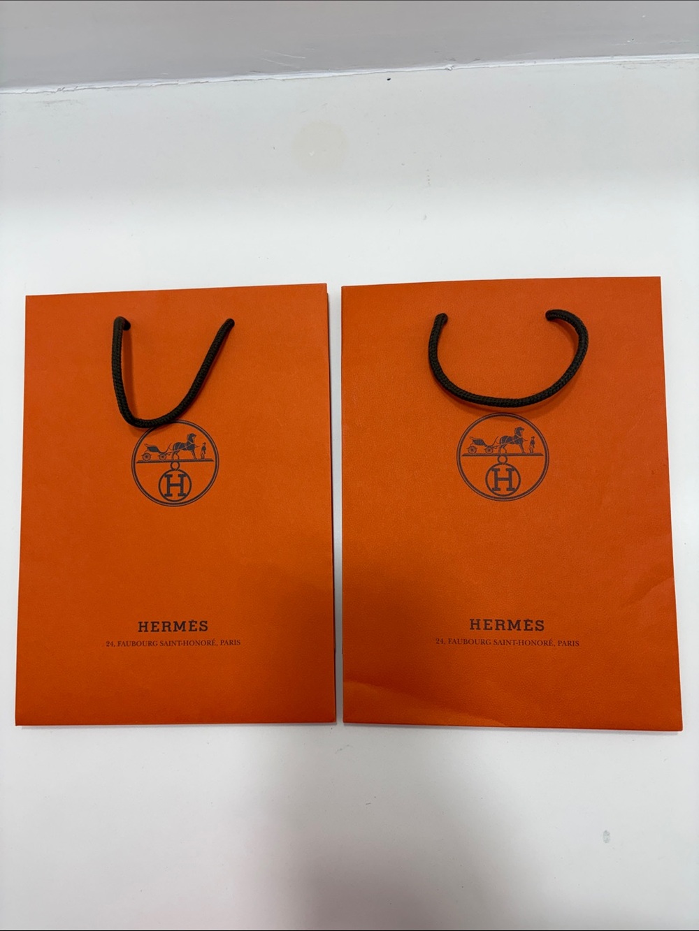 Hermes Orange Paper Shopping Tote Bags with Rope Handles - Set of 2